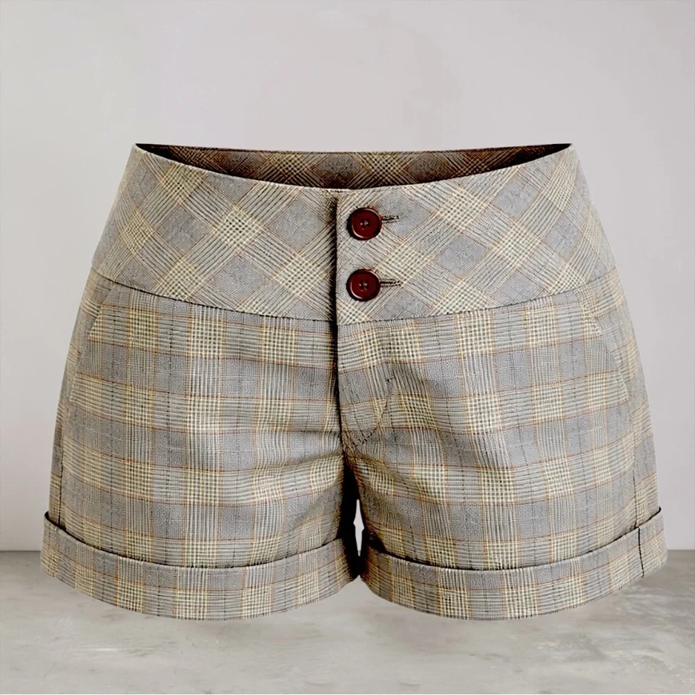 New Celebrity Pink Plaid High-Waist Cuffed Women's Shorts - Beige Plaid